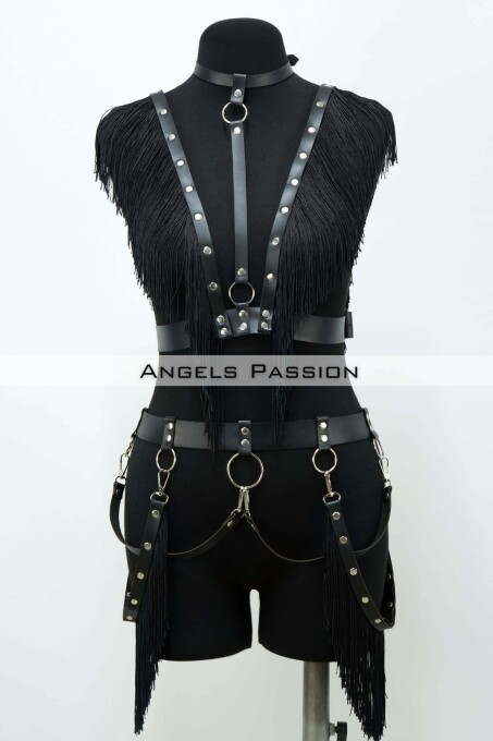 Tasseled Leather Harness Suit, Tasseled Dress Accessory - 4