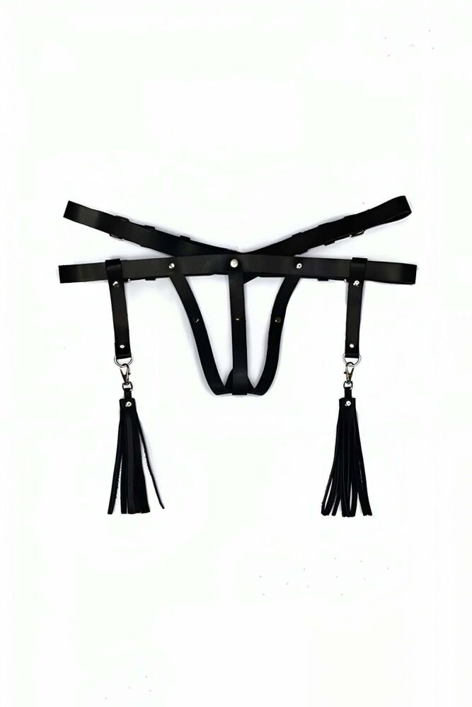Tasseled Leather Thong Harness, Sexy Leather Underwear - 1