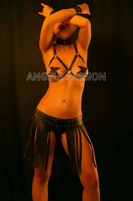 Tasseled Skirt with Leather Bustier and Collar Set - 1