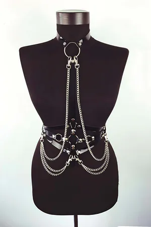 Body Harness with Chains - Adjustable Faux Leather Chest & Waist