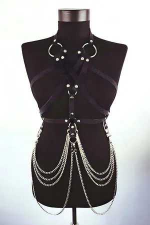 Black Faux Leather Body Harness with Chains and O-Rings Adjustable