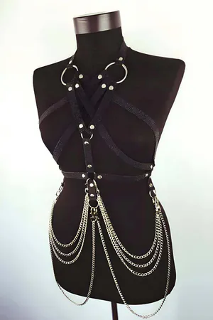 Black Faux Leather Body Harness with Chains and O-Rings Adjustable