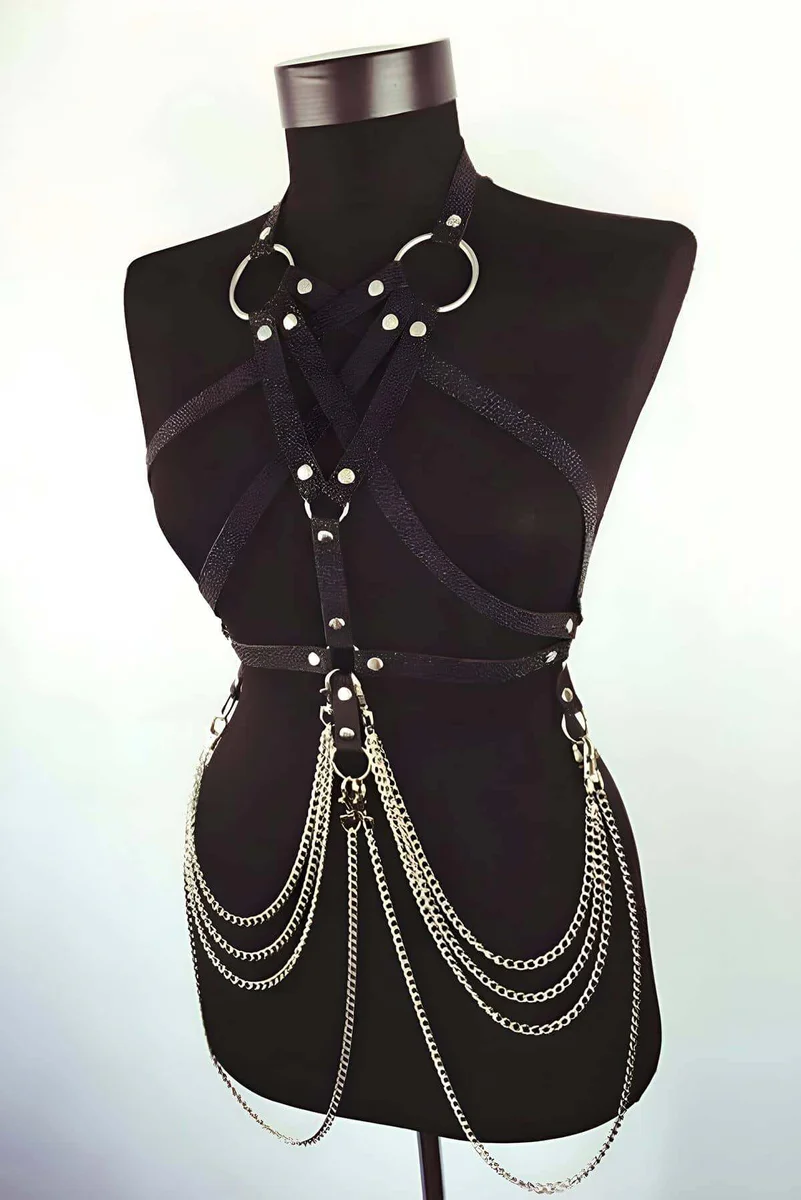 Chained faux leather body harness