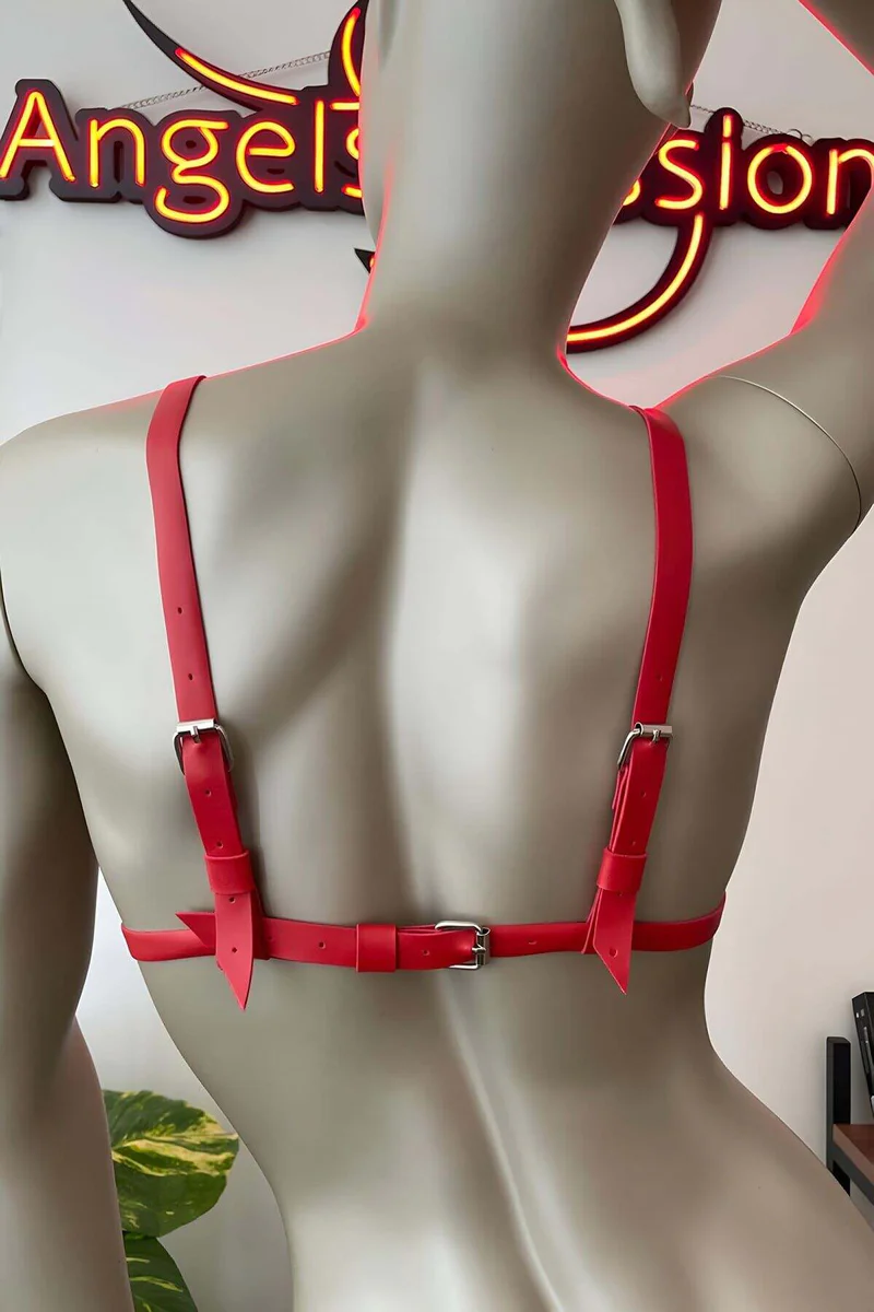 Red Faux Leather Harness Bra - Seductive Adjustable Chest Lingerie