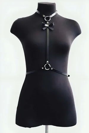 Faux Leather Chest Harness with Bow Detail & Adjustable Waist Straps