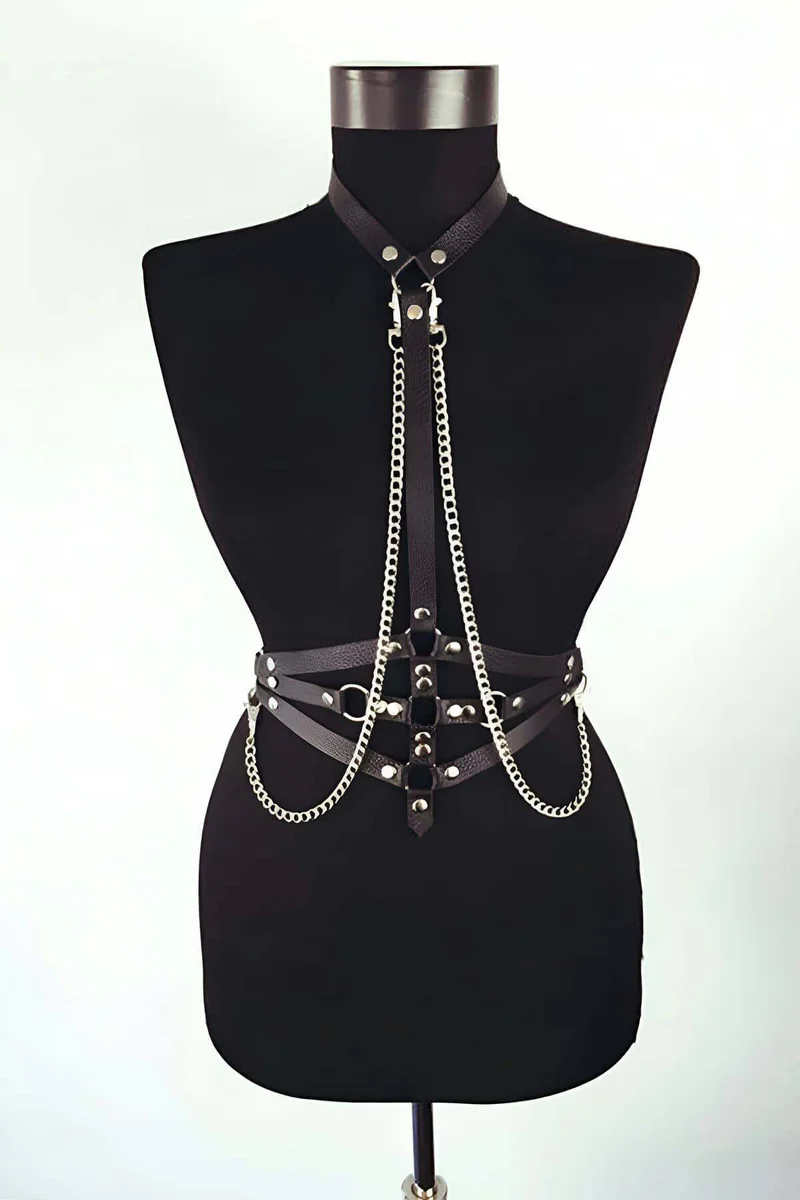 Sexy Body Harness with Chains - Adjustable Faux Leather Chest Straps