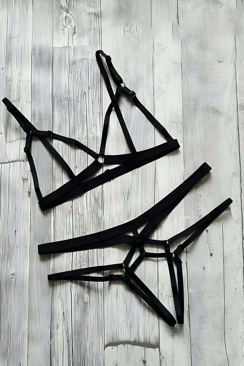 Black Strappy Harness Set Worn