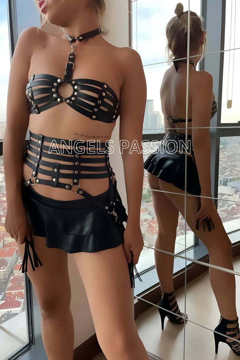 Strappy black faux leather waist harness with