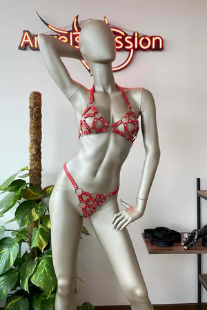 Red Leather Harness Lingerie Set - Sexy Bra & Thong Outfit
