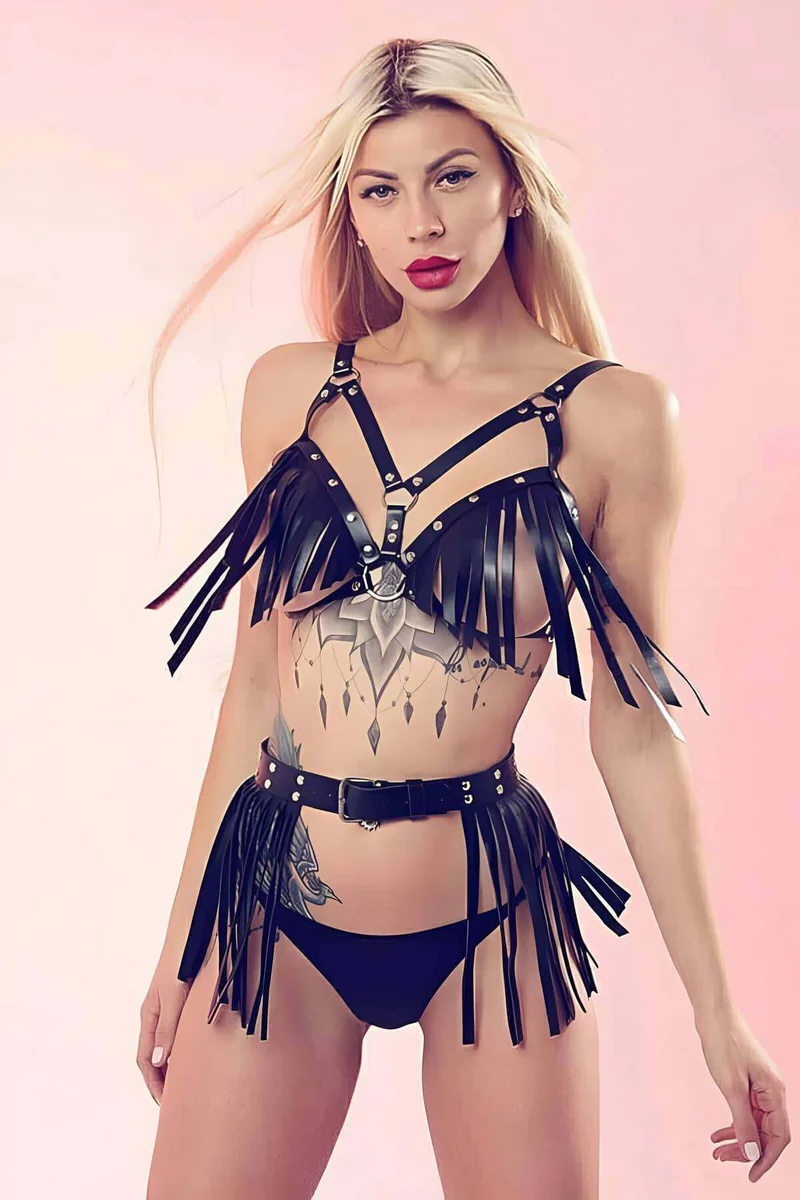 Black Faux Leather Fringe Harness Set Two-Piece Adjustable Straps