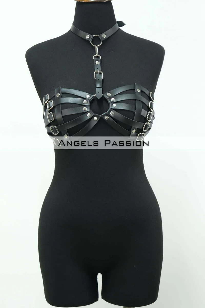 Faux Leather Chest Harness Bra - Adjustable Straps for Women