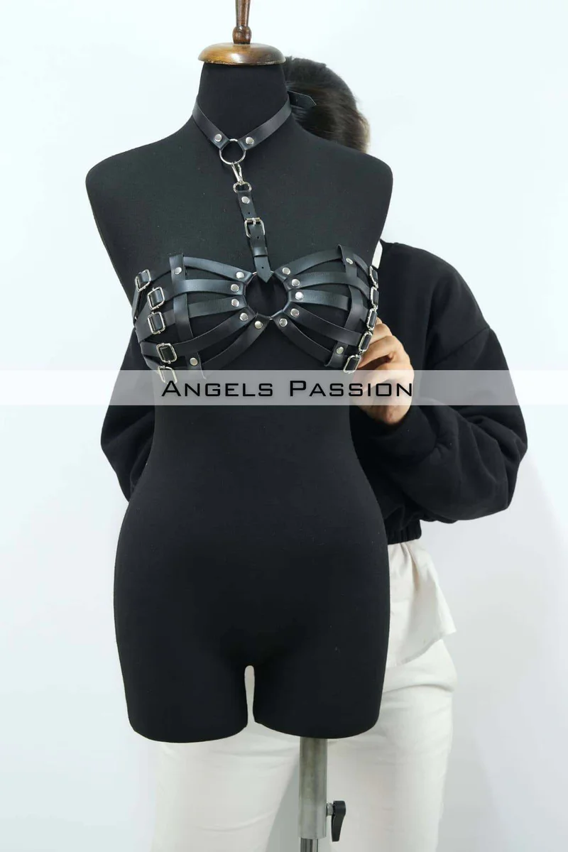 Faux Leather Chest Harness Bra - Adjustable Straps for Women