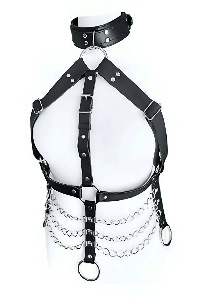 Black vegan leather body harness with