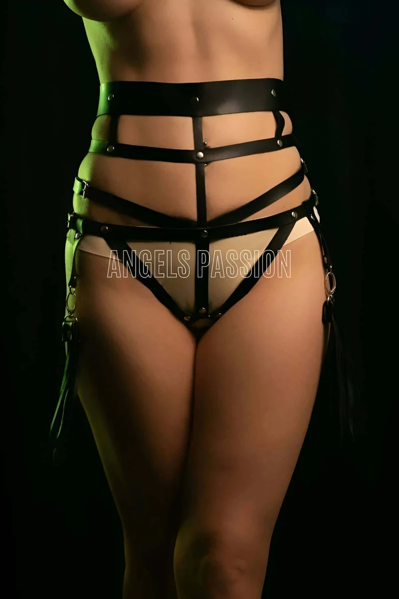 Black Faux Leather Body Harness Men with Wide Waist Belt and Thigh Straps