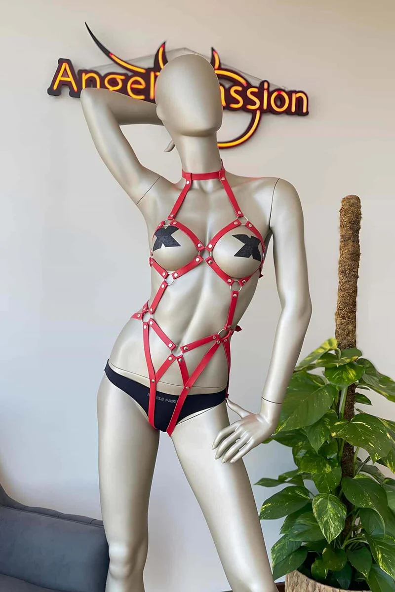 Red Body Harness for Women - Faux Leather Strappy Design