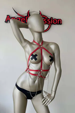 Red Chest Harness with Draping Chains | Faux Leather Body Accessory