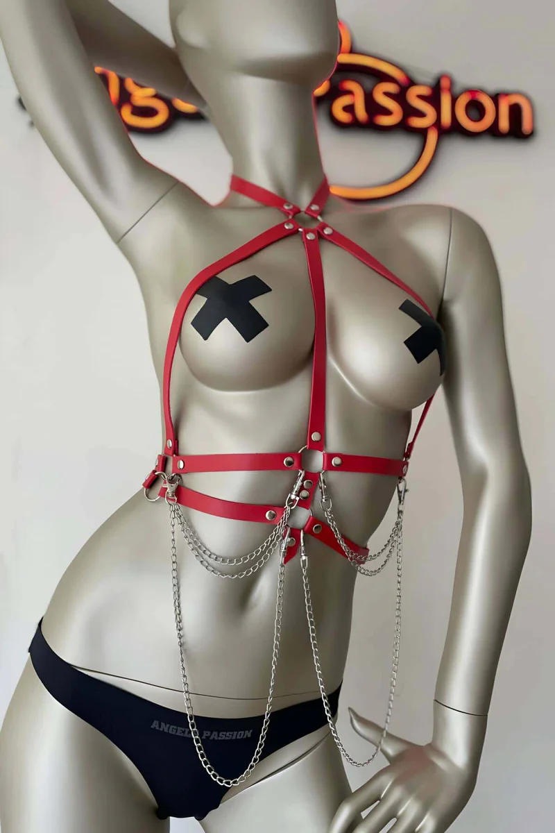 Red Chest Harness with Draping Chains | Faux Leather Body Accessory