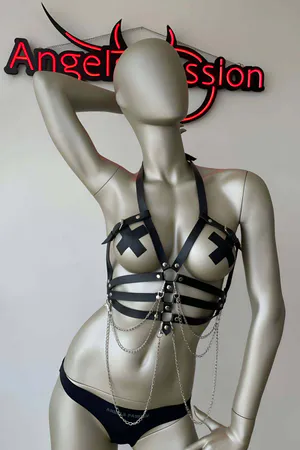 Black Faux Leather Chest Harness Women with Draping Silver Chains