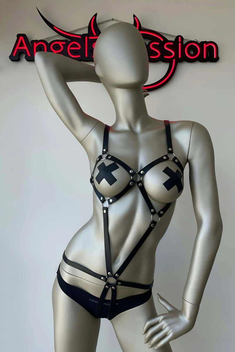 Alluring Faux Leather Body Harness - Adjustable Straps | Black & Red