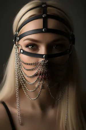 Leather Chain Mask Head Harness for Women - Adjustable Face Veil