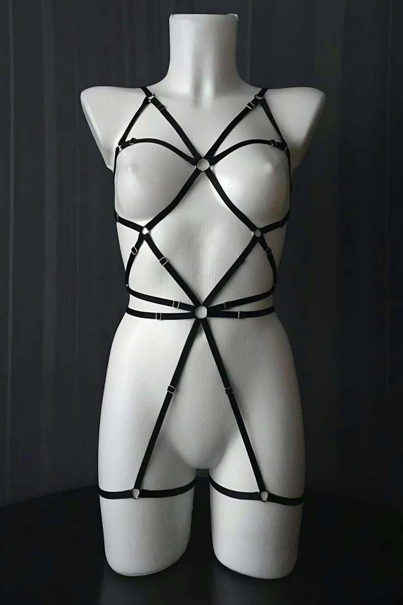 Harness Bodysuit Lingerie Sheer Polka Dot Adjustable Straps
