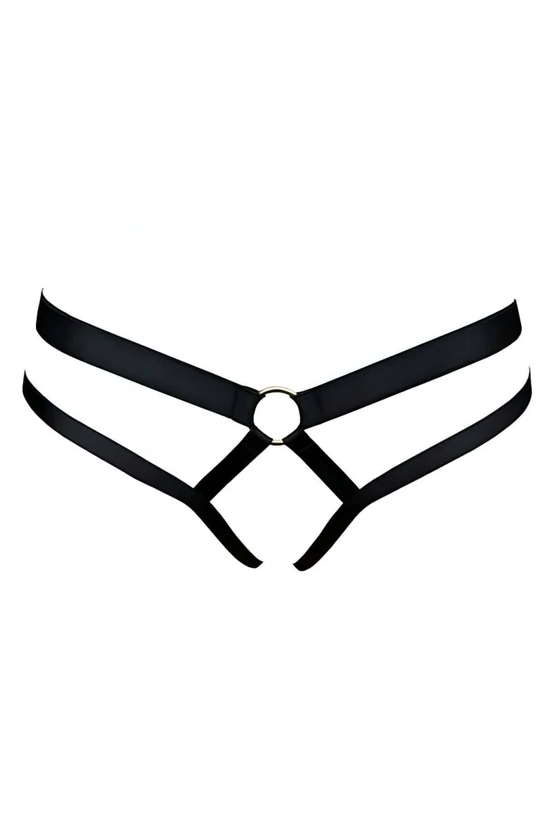 Black Strappy Thong Harness Elastic Fabric O-Ring Minimalist Design