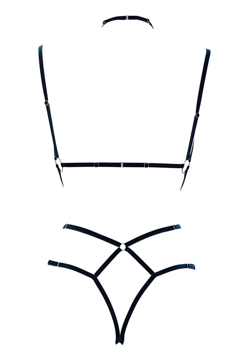 Minimalist festival harness flat lay black elastic