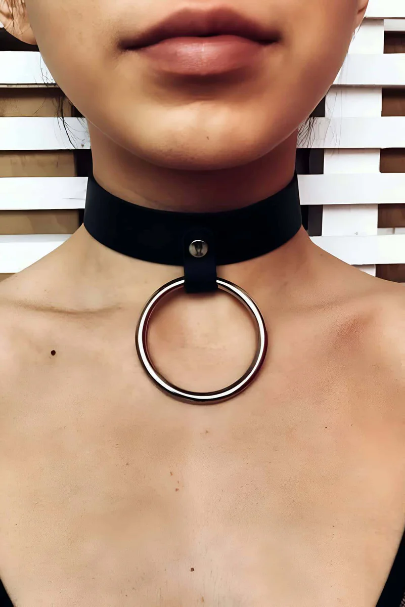Black Faux Leather O-Ring Choker Collar Wide Band