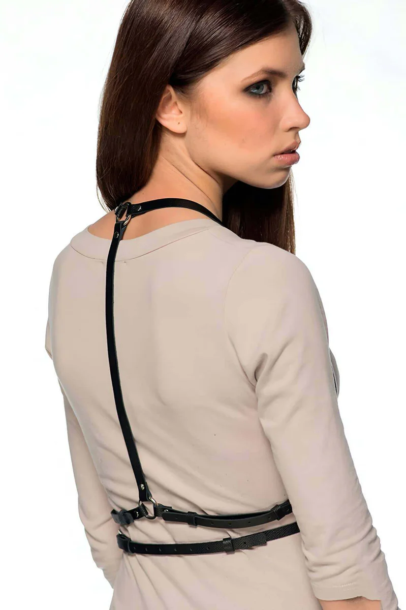 Black faux leather body harness with o-ring detail hardware