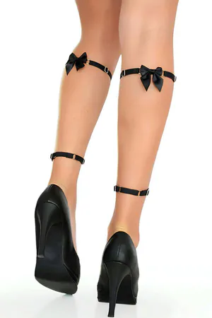 Adjustable Leg Harness Straps Black Vegan Leather with Silver O-Rings worn on legs with high heels