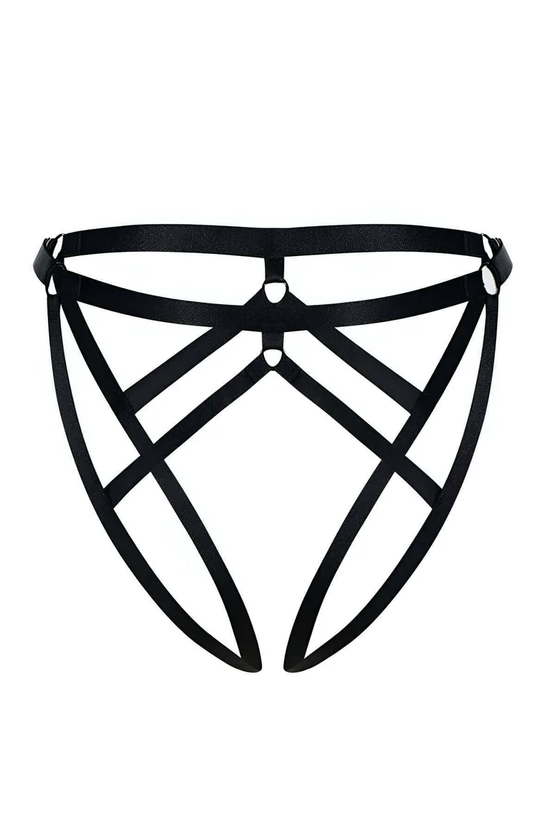 Black Strappy Open Crotch Thong Rear View Delicate Straps