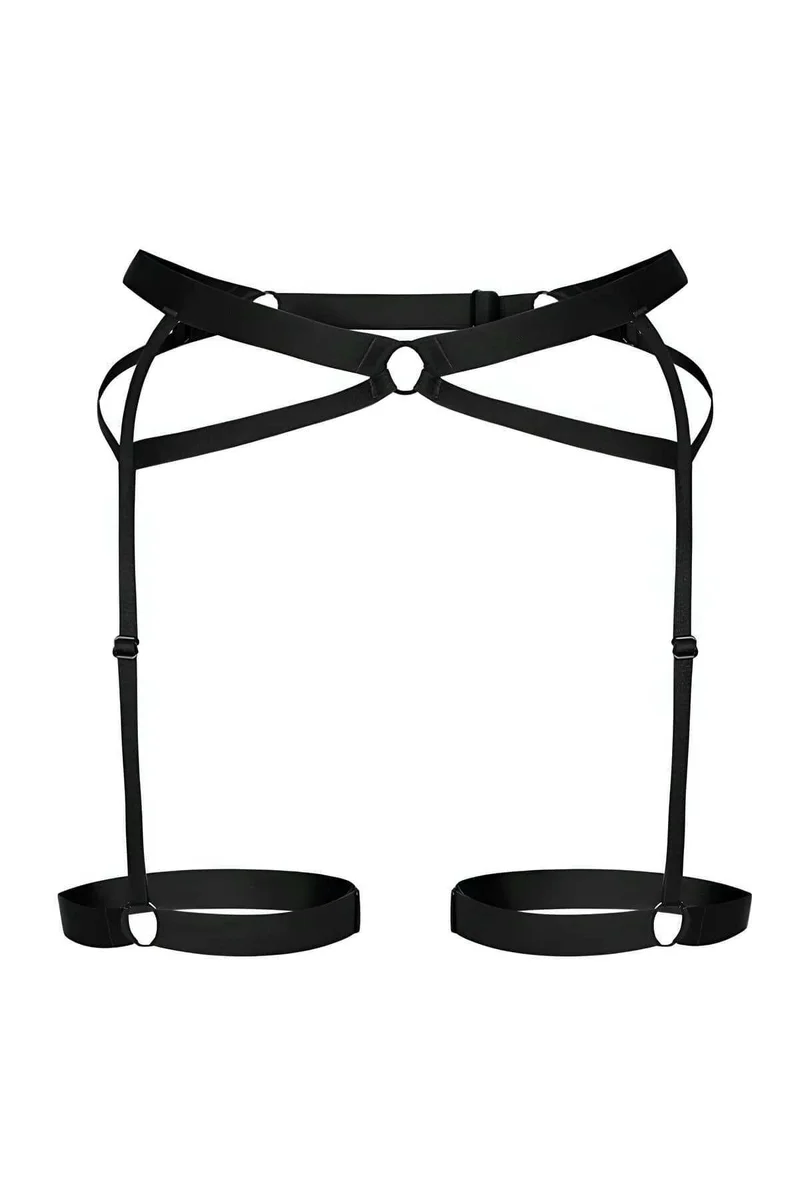 Black fishnet long sleeve harness top with garters visible