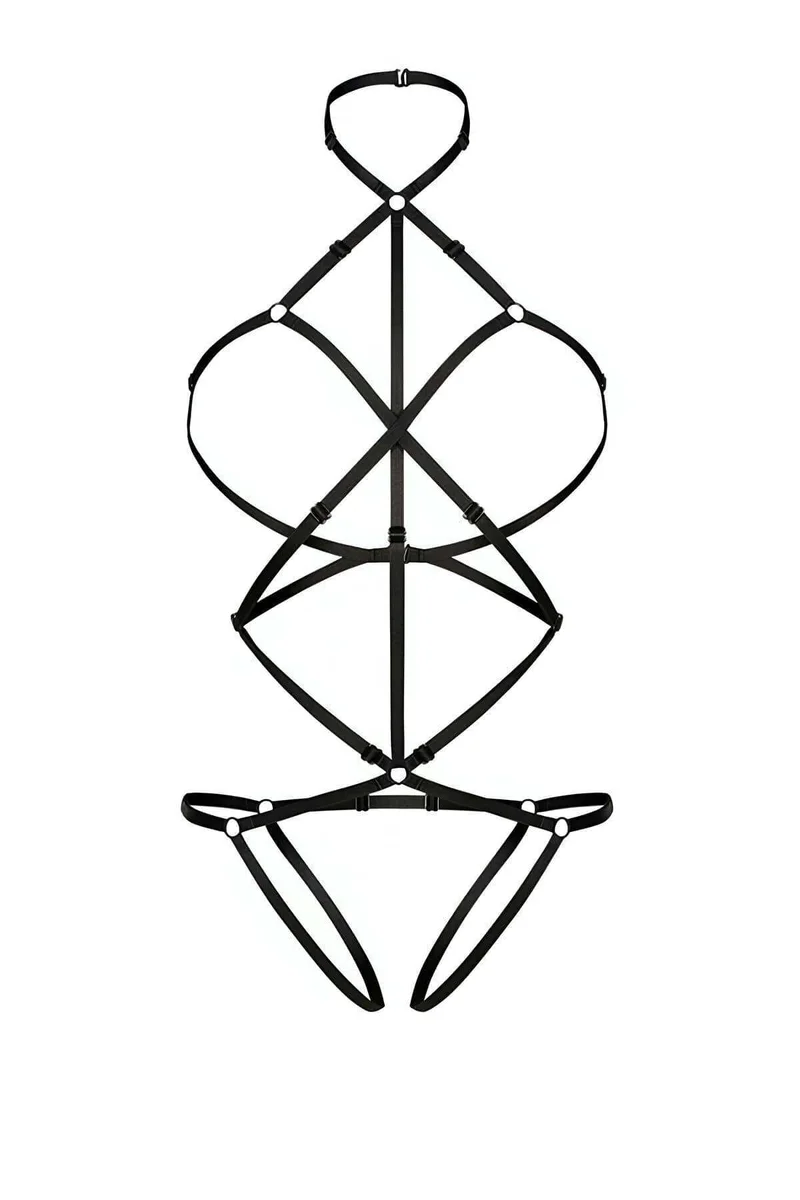 Black strappy caged body harness with