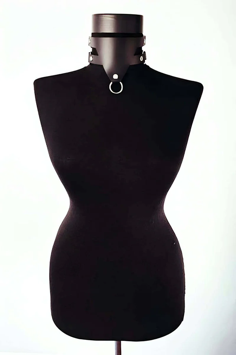 Wide Faux Leather Choker Black with Silver O-Ring and Rivets