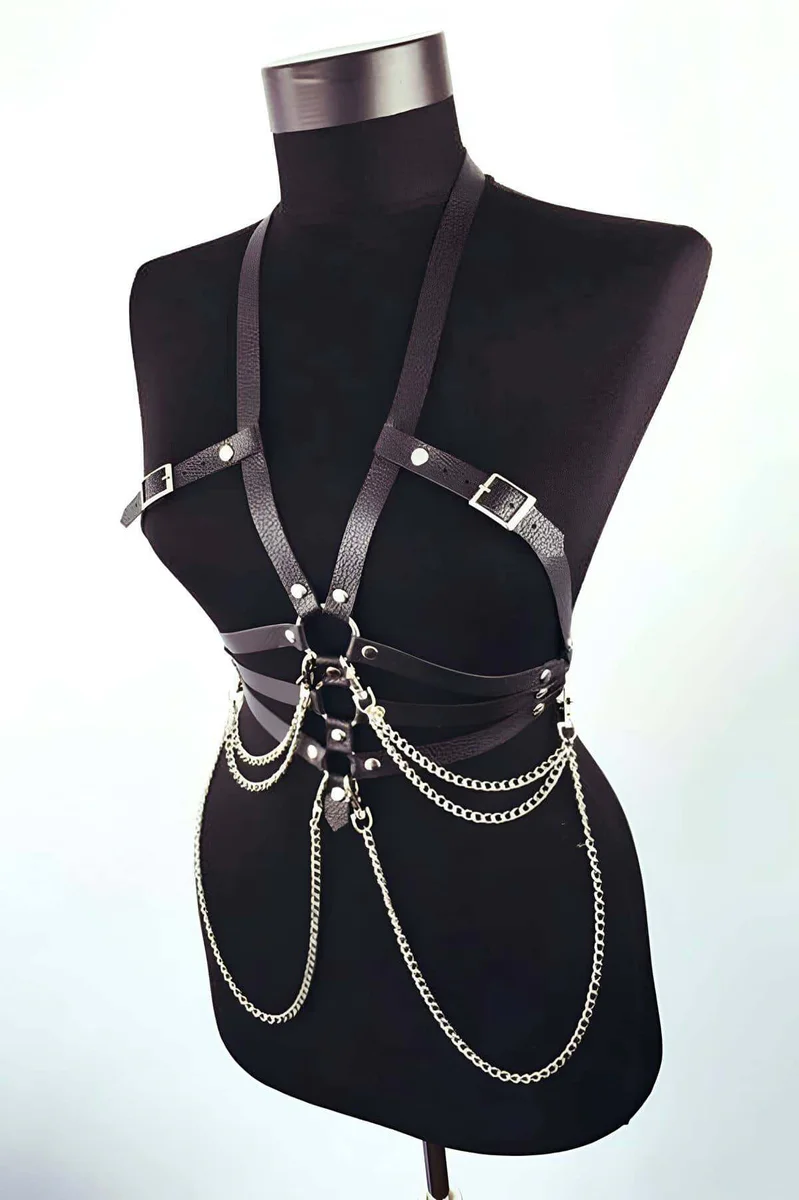 Faux Leather Chest Harness with Adjustable Straps & Chains