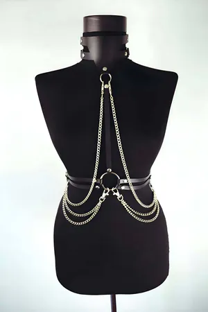 Faux Leather Chest Harness with Chains - Adjustable Body Harness