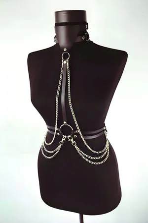 Faux Leather Chest Harness with Chains - Adjustable Body Harness