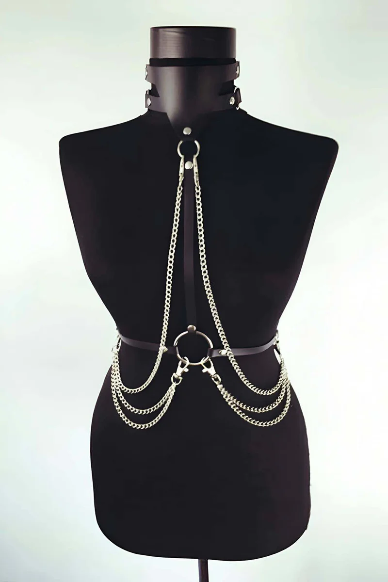 Black Faux Leather Chest Harness with Cascading Silver Chains and Choker
