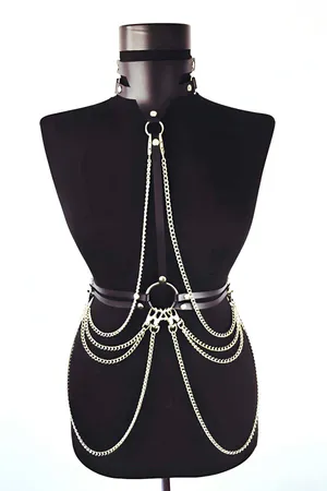 Chained Body Harness with Collar – Adjustable Faux Leather Straps