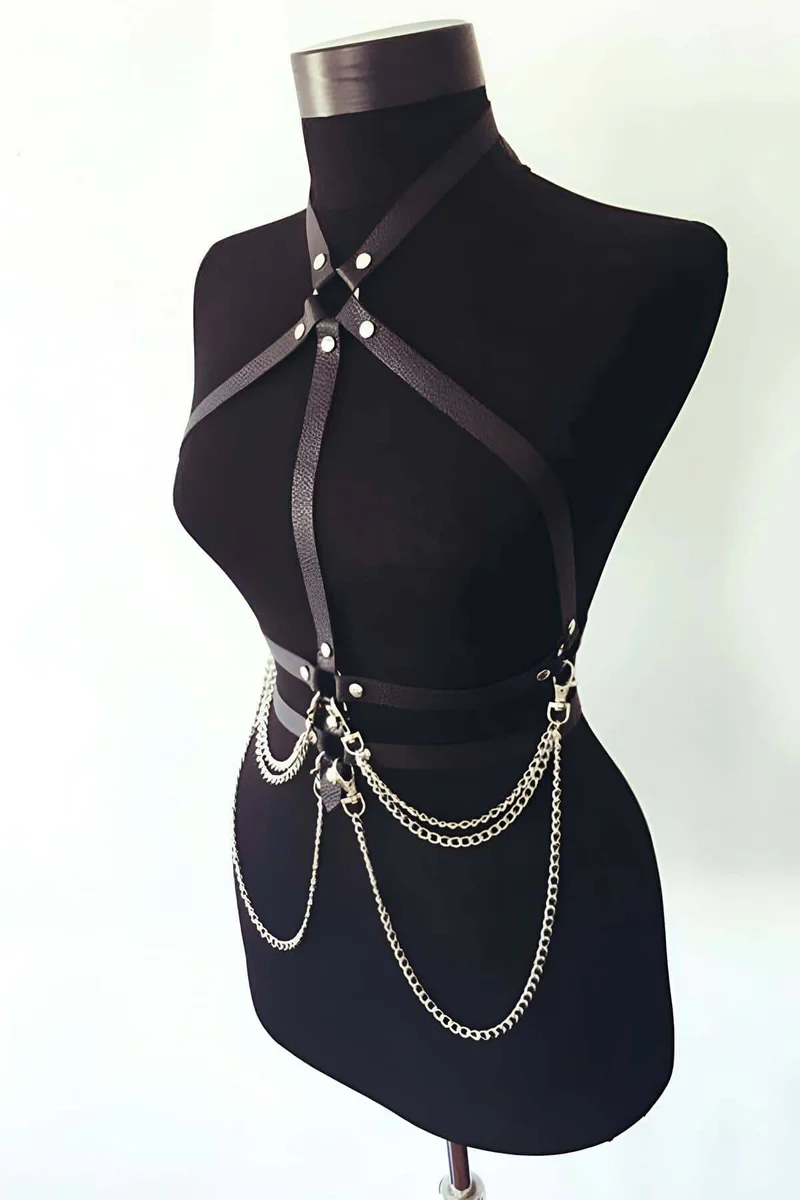 Women's Chain Chest Harness – Adjustable Faux Leather Body Harness