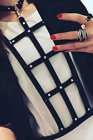 Chest Harness Faux Leather Grid Style Accessory for Women