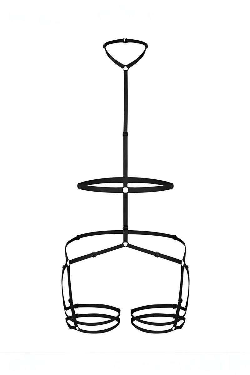 Black faux leather body harness front view, showing O-ring details