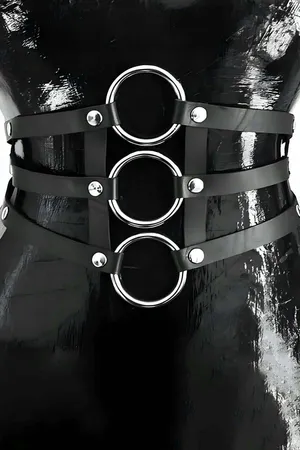 Black Faux Leather Waist Harness Belt O-Ring Silver Hardware