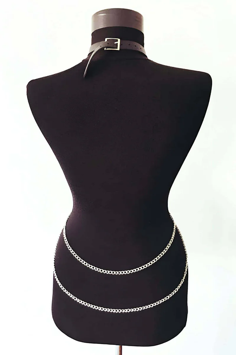 Chain & Faux Leather Harness with O-Ring, silver, side view of body harness showing dual chain drape at waist