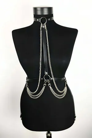 Faux Leather Chest Harness with Draping Silver Chains