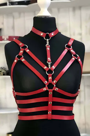 Red Leather Chest Harness Bra with Choker and O-Rings
