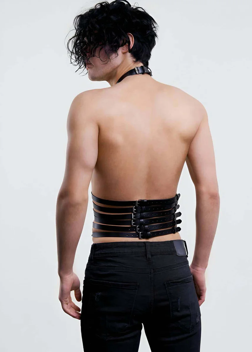 Black vegan leather festival harness set back view