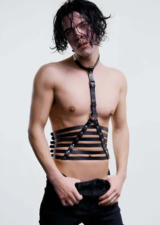 Black Faux Leather Caged Torso Harness O-Ring Detail Adjustable Buckles