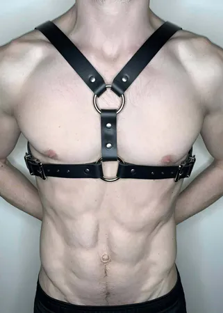 Men's Harness Black Faux Leather Chest Strap with O-Rings