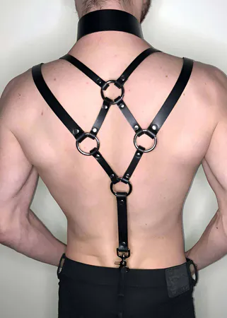 Men's Harness Black Faux Leather Back & Collar Set